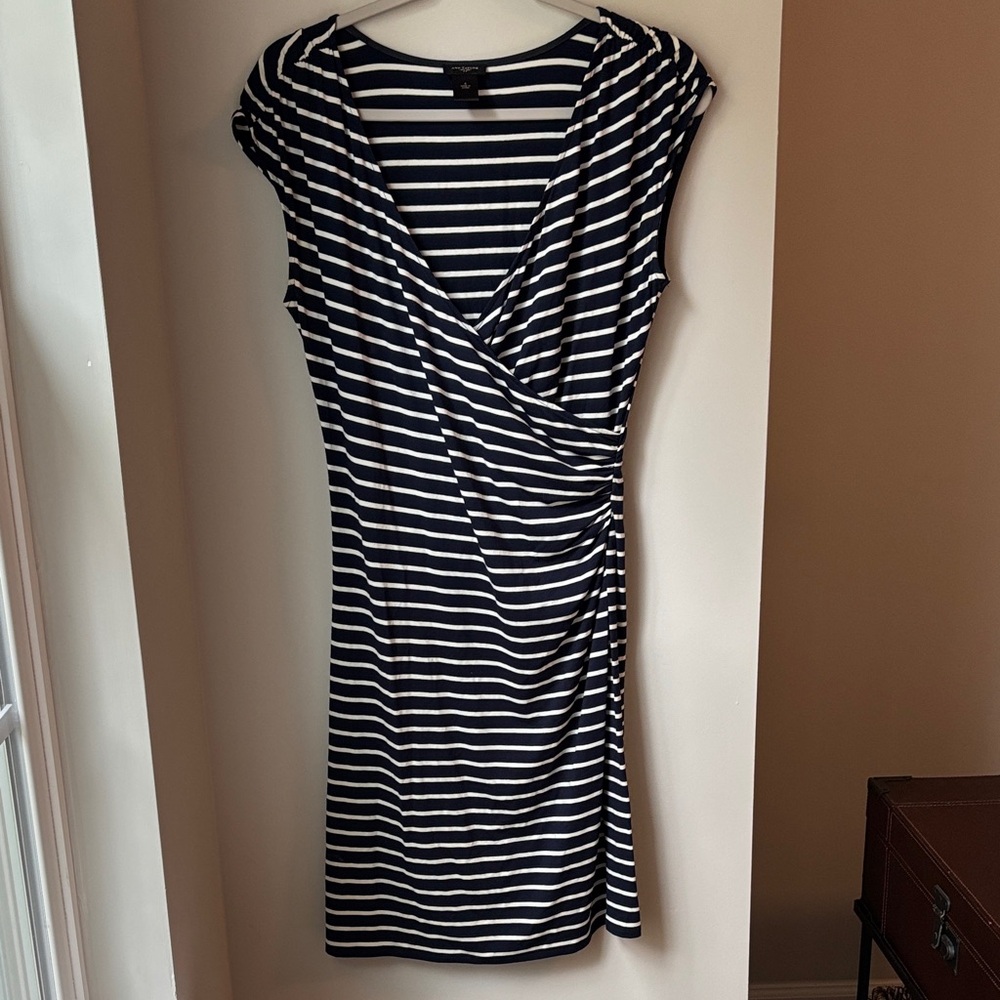 Ann Taylor Navy and White Striped Midi Wrap Dress